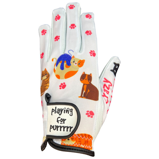 Women's golf glove with cat illustrations and text 'playing for purrrr' on a white background.