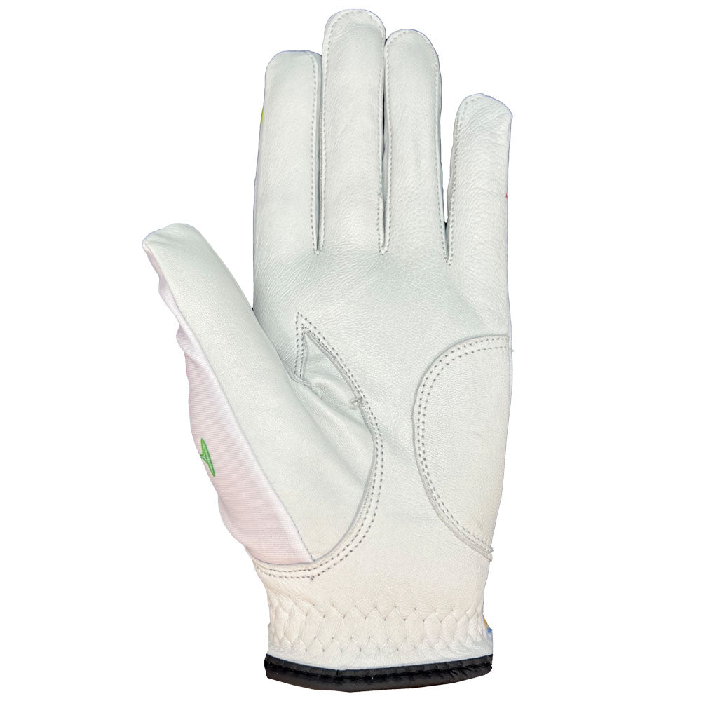 White golf glove (palm side up) on a white background. Worn on left hand.