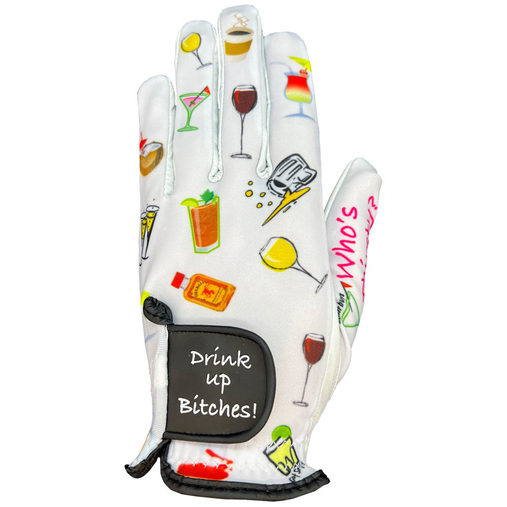 Women's golf glove with drink-themed designs and text on a white background. worn on left hand.