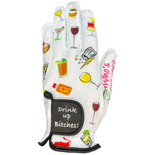 Women's golf glove with drink-themed designs and text on a white background. worn on left hand.