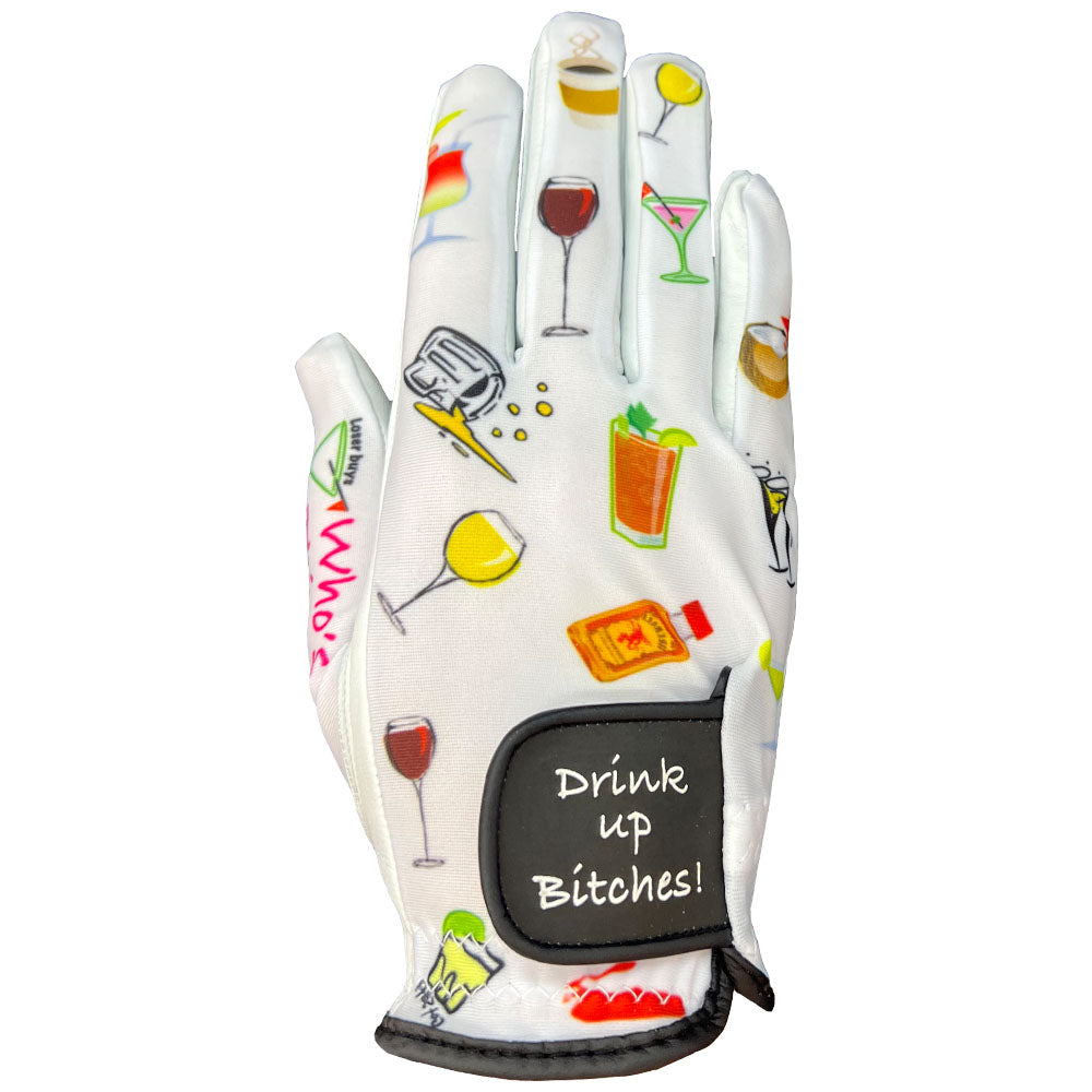 Women's golf glove with drink-themed designs and text on a white background. worn on right hand.