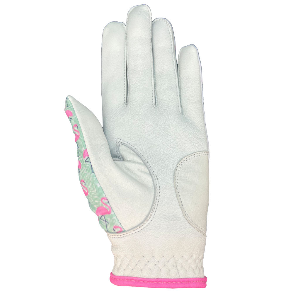 White golf glove with pink and green accents on a white background. Palm view. Worn on left hand.