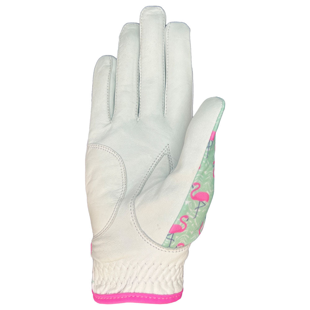 White golf glove with pink flamingo design on a white background. Palm view. Worn on right hand.