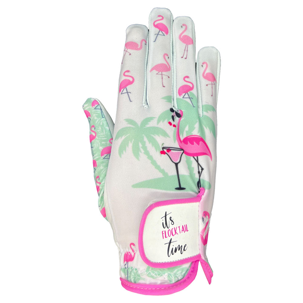 Women's golf glove with flamingo and palm tree design on a white background. Worn on right hand.