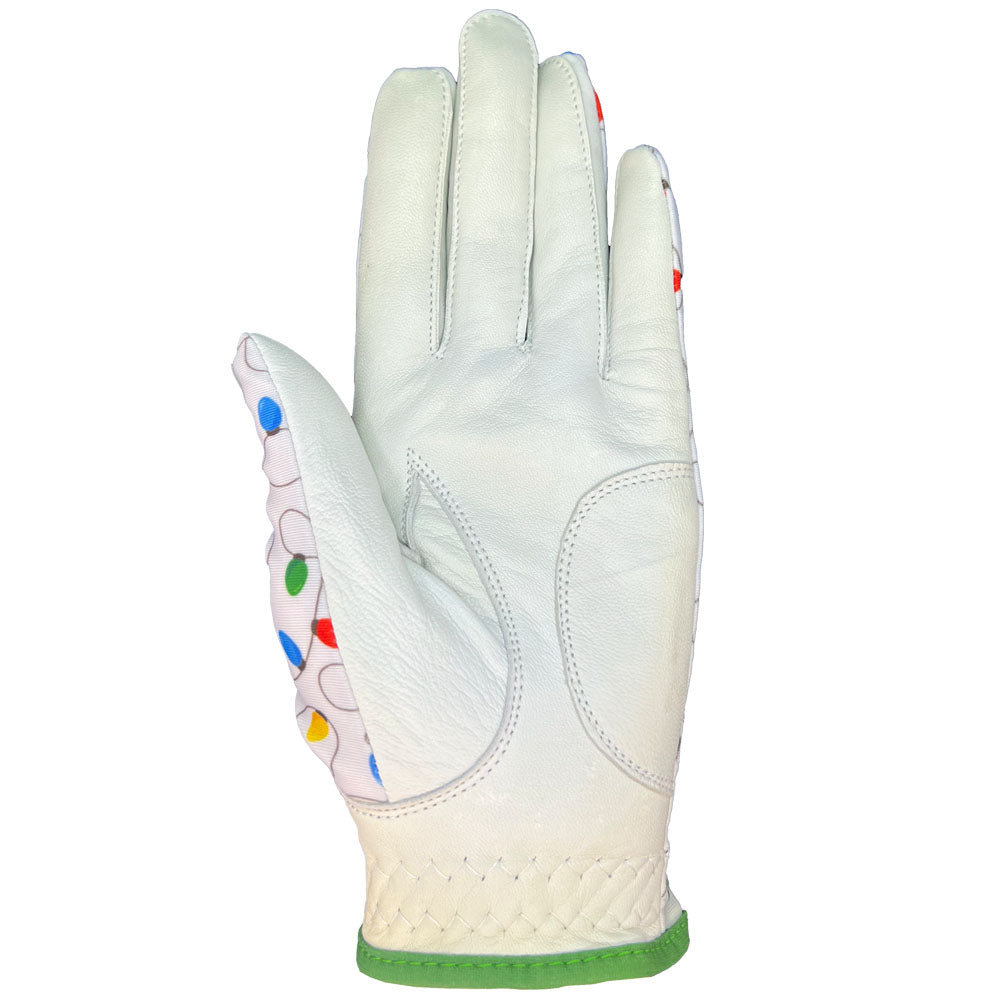 White golf glove with colorful Christmas light pattern on a white background. worn on left hand.