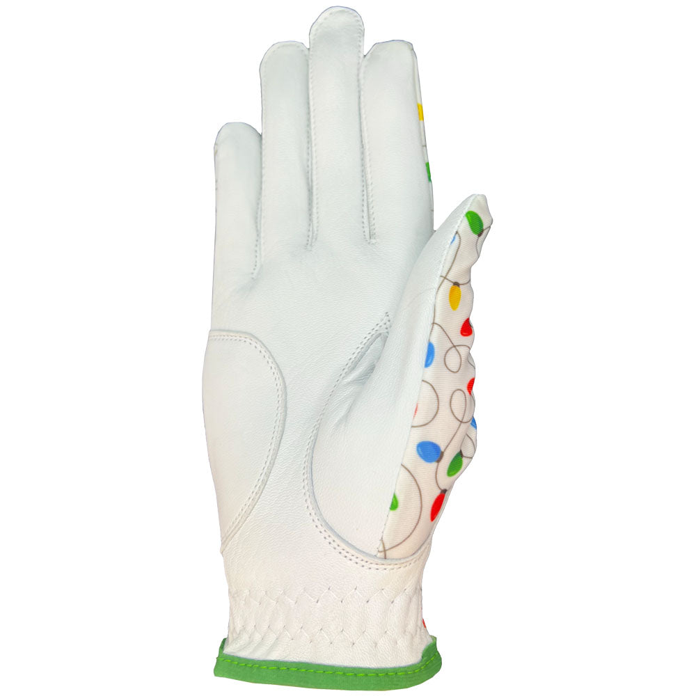 White golf glove with colorful Christmas light pattern on a white background. worn on right hand.