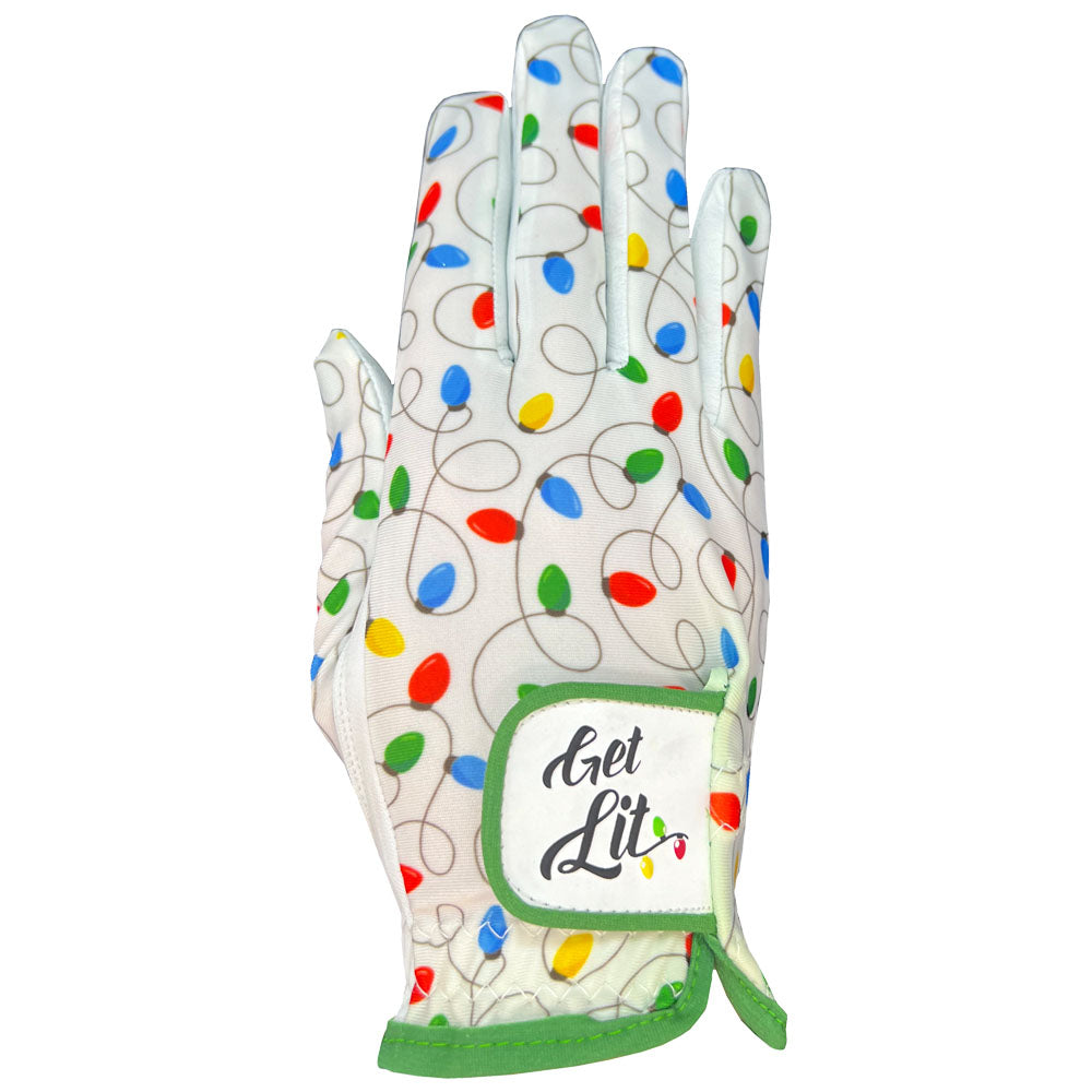 Women's golf glove with colorful Christmas light bulb pattern and 'Get Lit' text on a white background. Worn on right hand