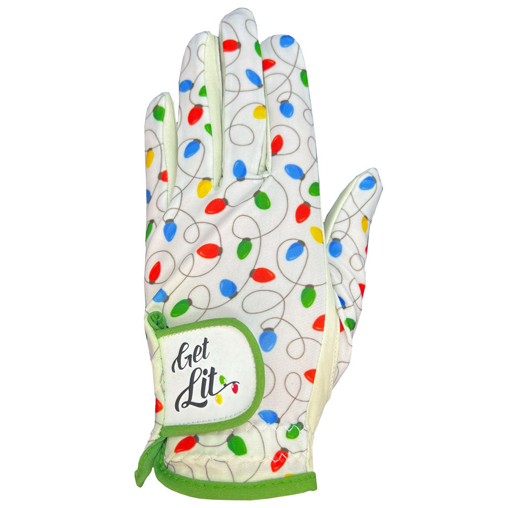 Festive white glove with green trim. It features colorful strings of Christmas lights. Adjustable strap says Get Lit