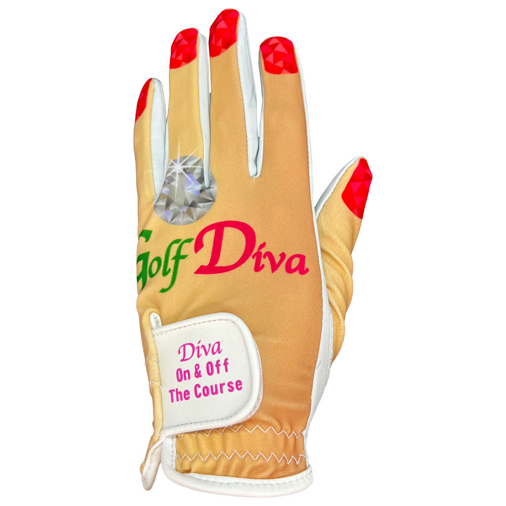 Women's golf glove with 'Golf Diva' branding and decorative ring on a white background. Worn on left hand.