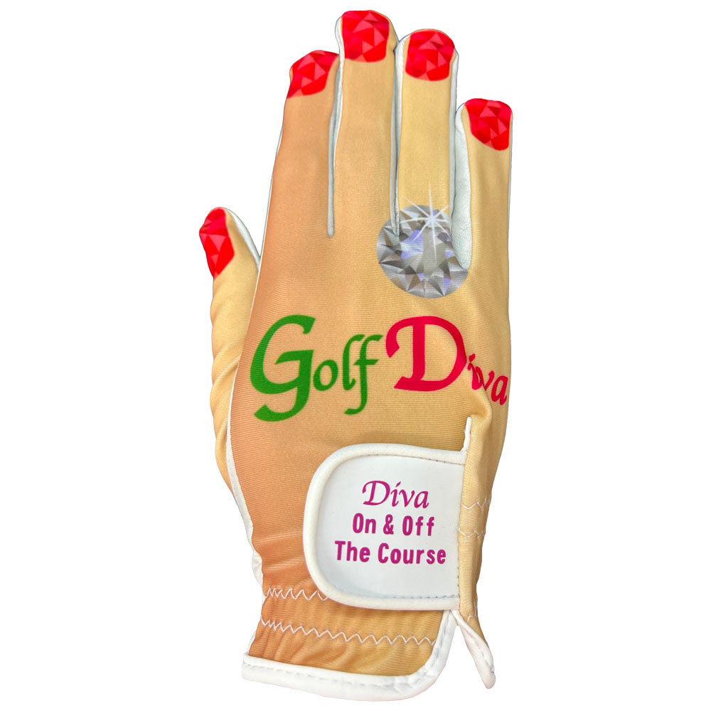 Women's golf glove with 'Golf Diva' text and red nail polish on fingers against a white background. Worn on right hand.