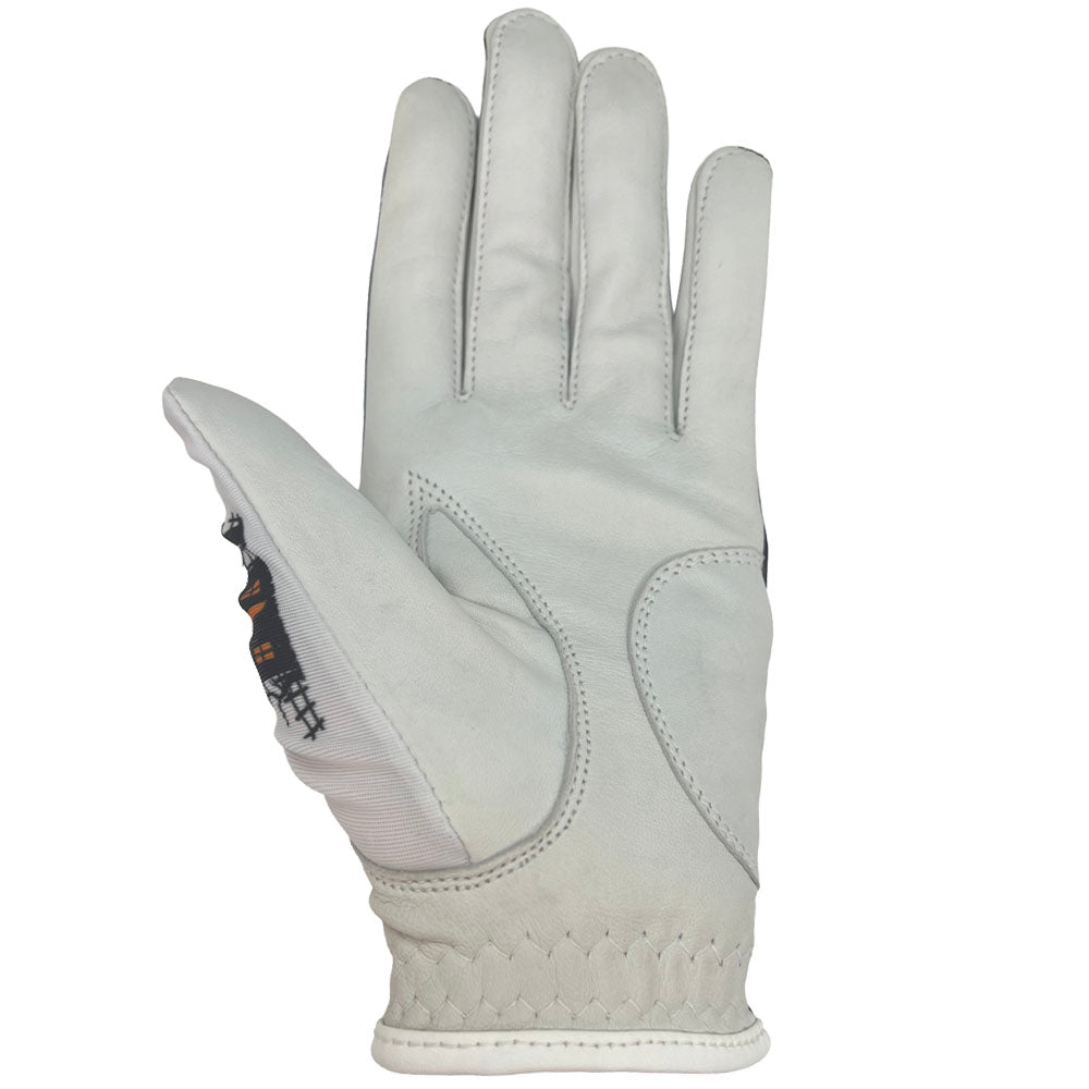 Halloween women's golf glove with white palm. Worn on left hand.