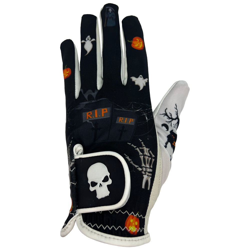 Women's Black golf glove with Halloween-themed designs on a white background. Worn on left hand.