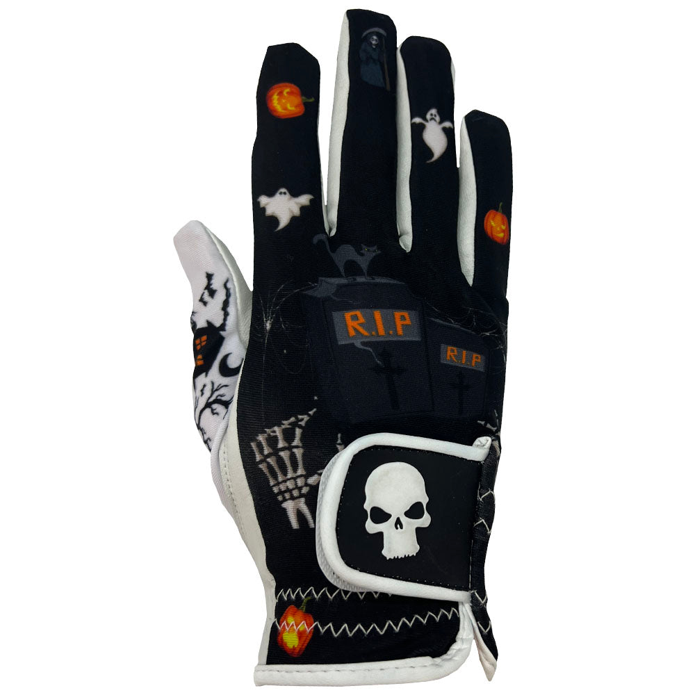 Women's Black golf glove with Halloween-themed designs on a white background. Worn on right hand.