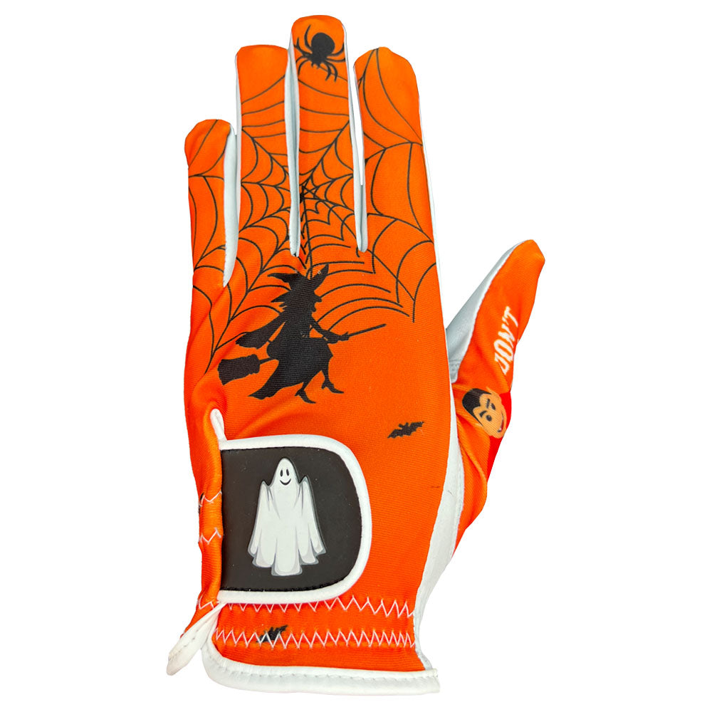 Orange women's golf glove with Halloween-themed designs on a white background. Worn on left hand.