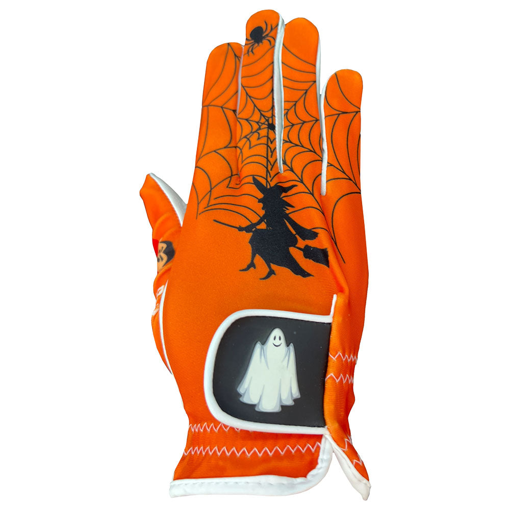 Orange women's golf glove with Halloween-themed designs on a white background. Worn on right hand.