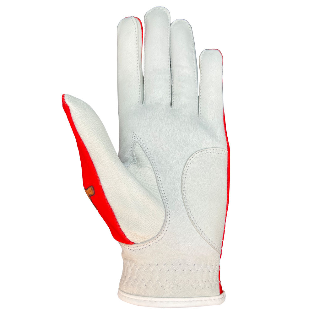 Christmas golf glove, palm side up, with on a white background. Worn on left hand.