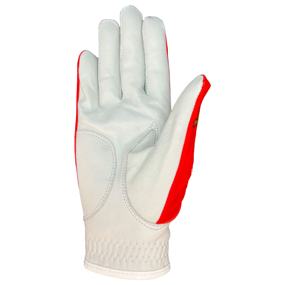 Christmas golf glove, palm side up, with on a white background. Worn on right hand.