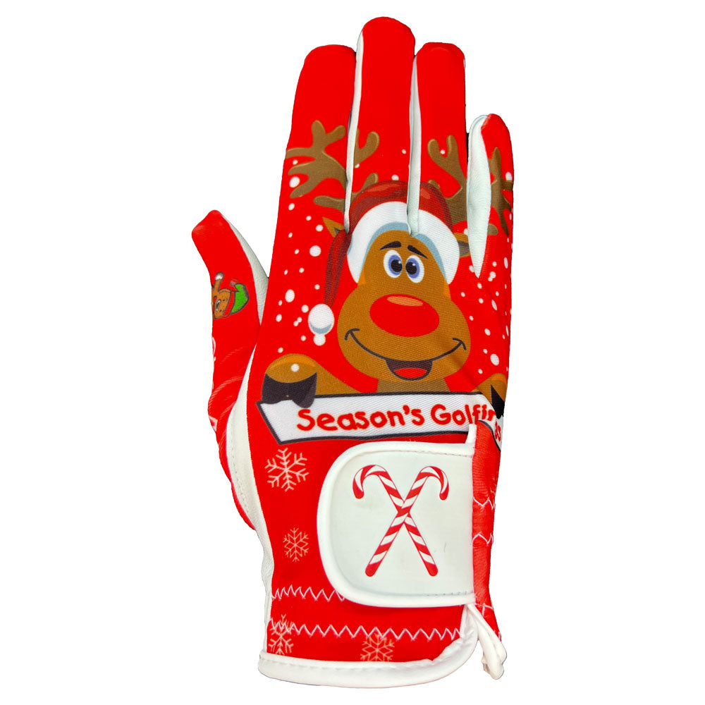 Red Christmas-themed golf glove with a reindeer design on a white background. Worn on right hand.