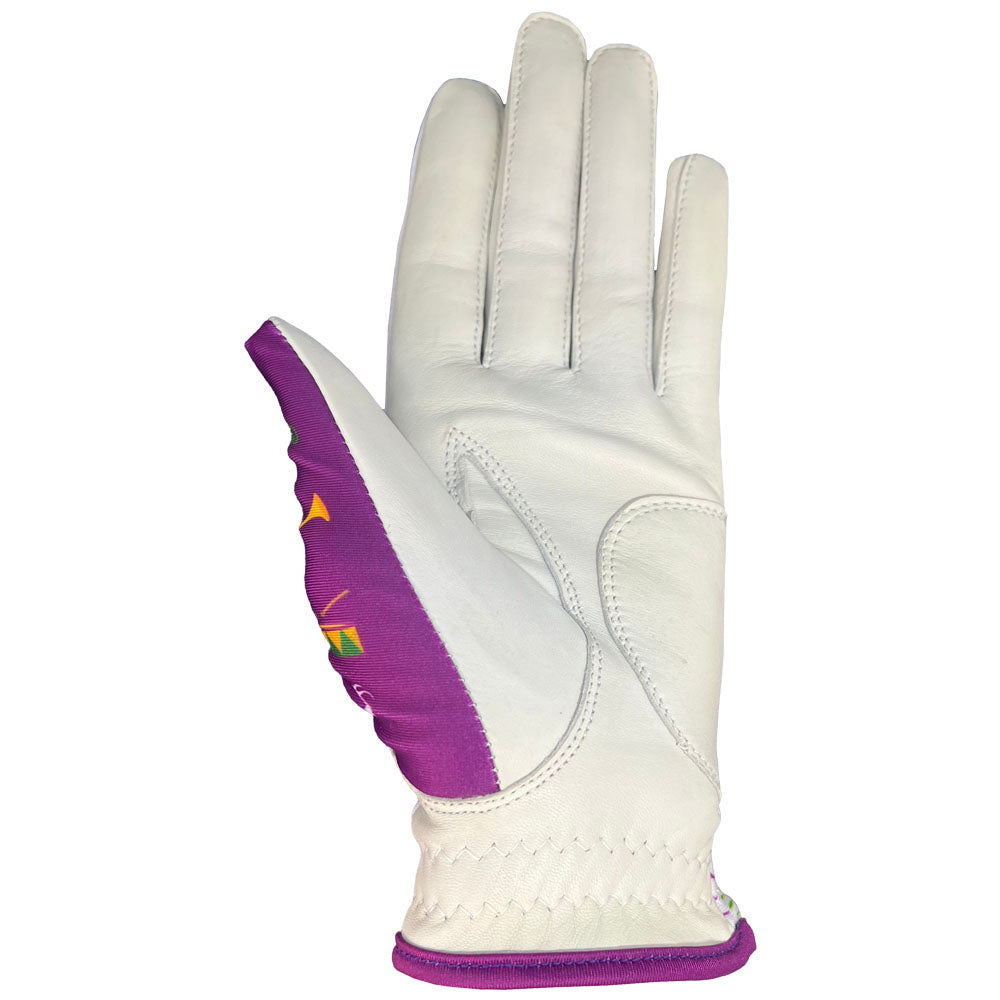 Women's mardi gras golf glove with white palm. Worn on left hand.