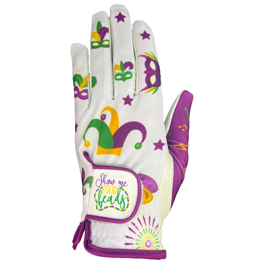 Women's Golf Gloves with Mardi Gras-themed design on a white background. Worn on left hand.