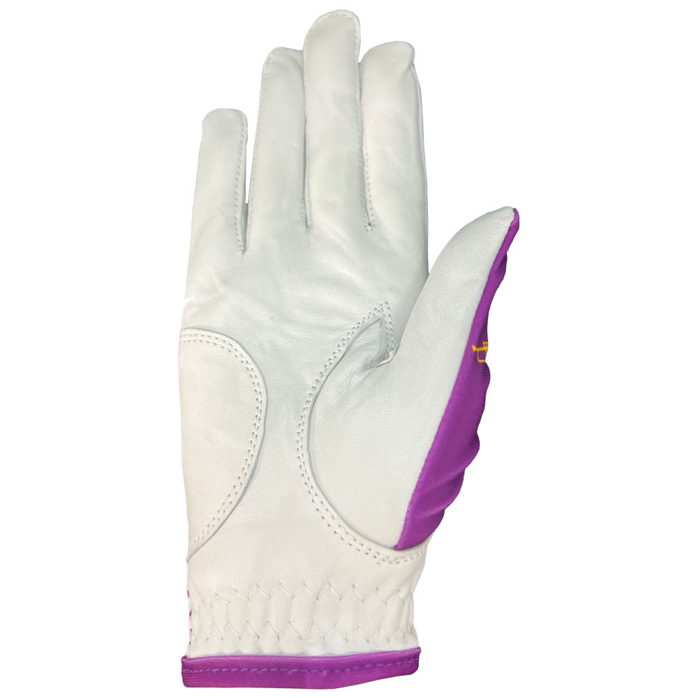 Women's mardi gras golf glove with white palm. Worn on right hand.