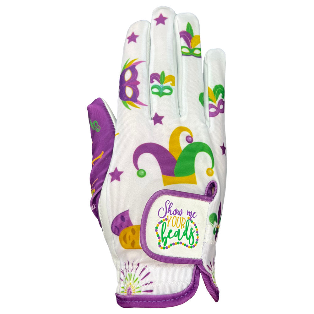 Women's Golf Gloves with Mardi Gras-themed design on a white background. Worn on right hand.