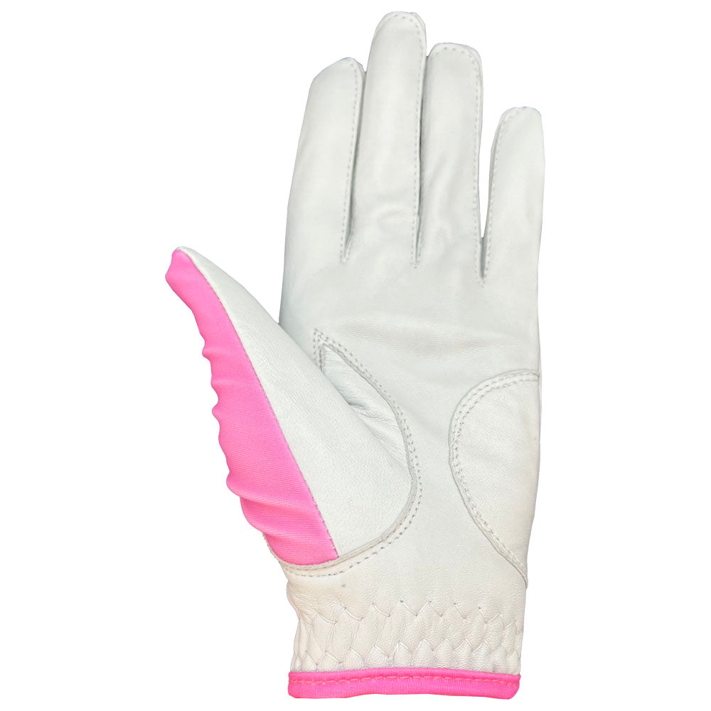 pink western women's golf glove with white palm, worn on left hand