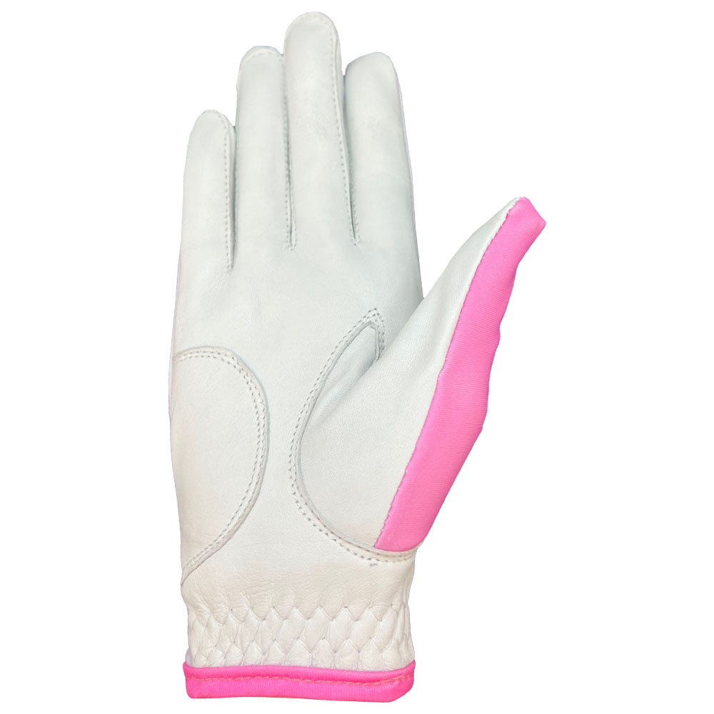 pink western women's golf glove with white palm, worn on right hand