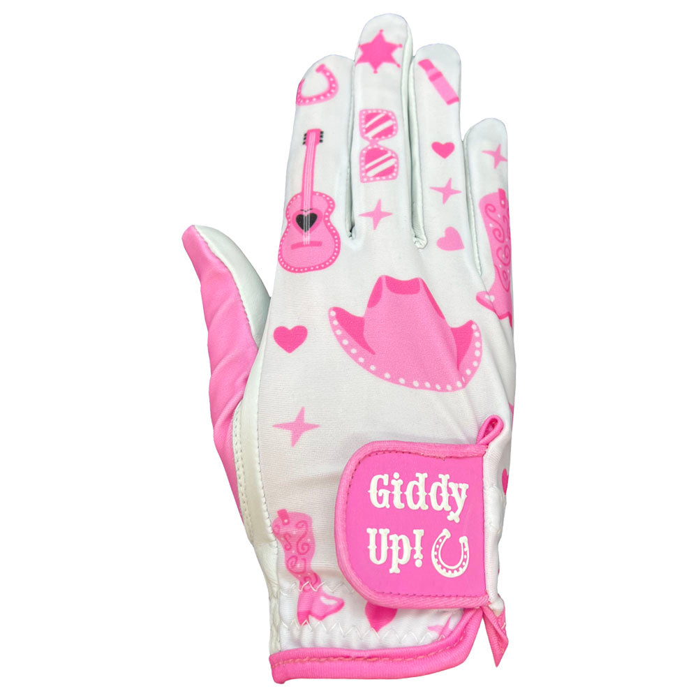 White and pink women's golf glove with rhinestone cowgirl patterns and 'Giddy Up!' text on a white background