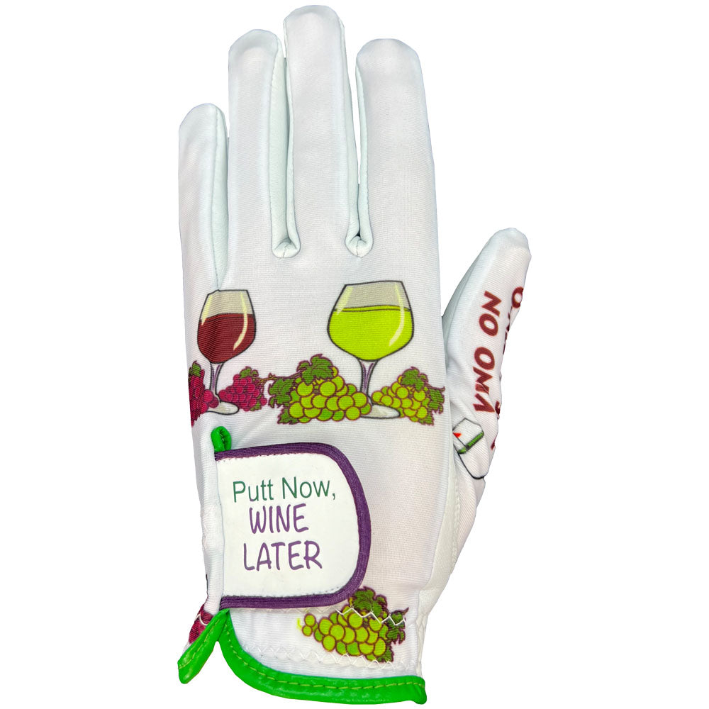 Women's golfing glove with wine-themed design and text on a white background. Worn on left hand.