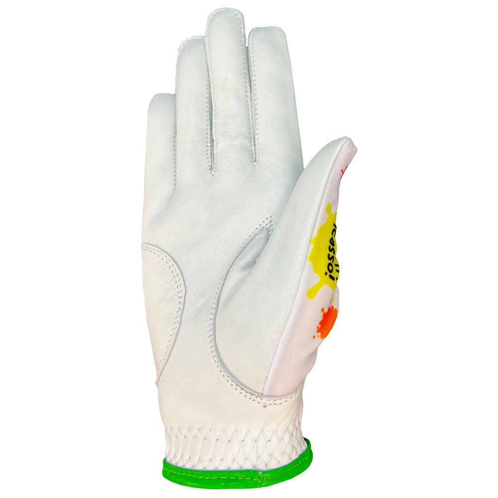 White golf glove palm with a colorful paint themed logo on the front, on a white background
