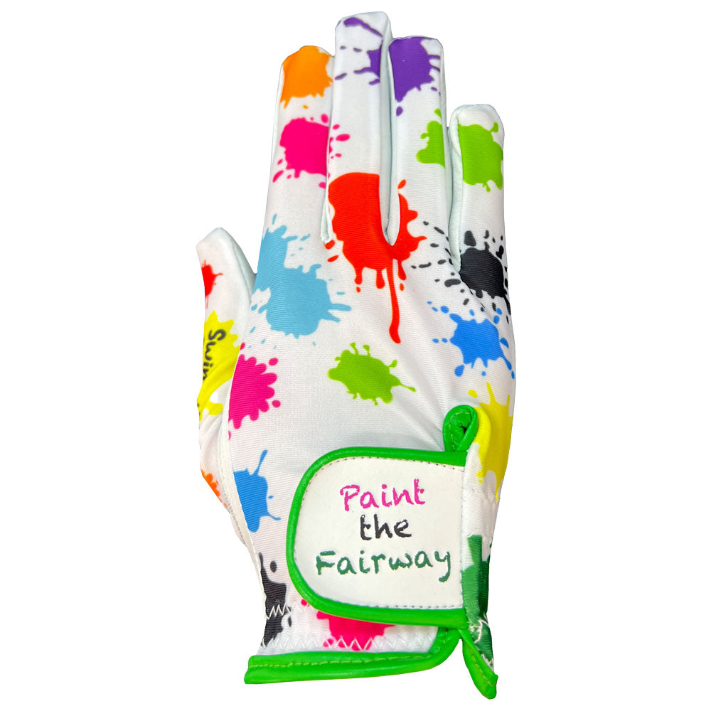 Colorful splatter-painted golf glove with 'Paint the Fairway' text on a white background. Worn on right hand