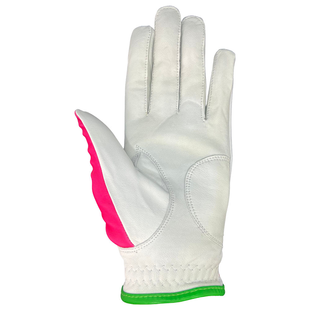 Women's succulent golf glove with white leather palm. Worn on left hand.