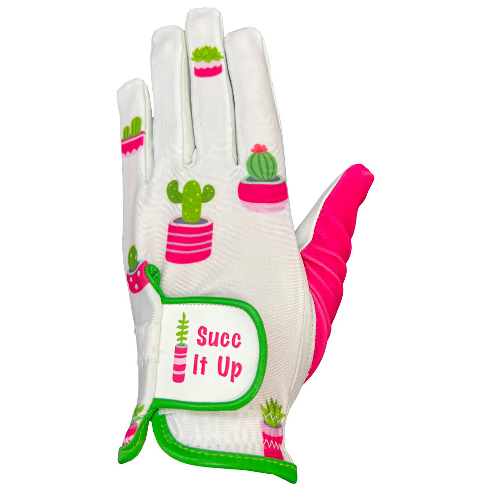 Women's golf glove with cactus design and 'Succ It Up' text on a white background. Worn on left hand.