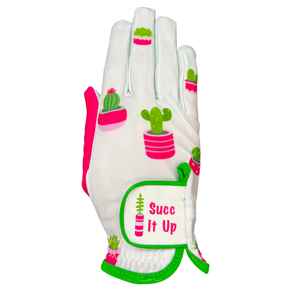 Women's golf glove with cactus design and 'Succ It Up' text on a white background. Worn on right hand.