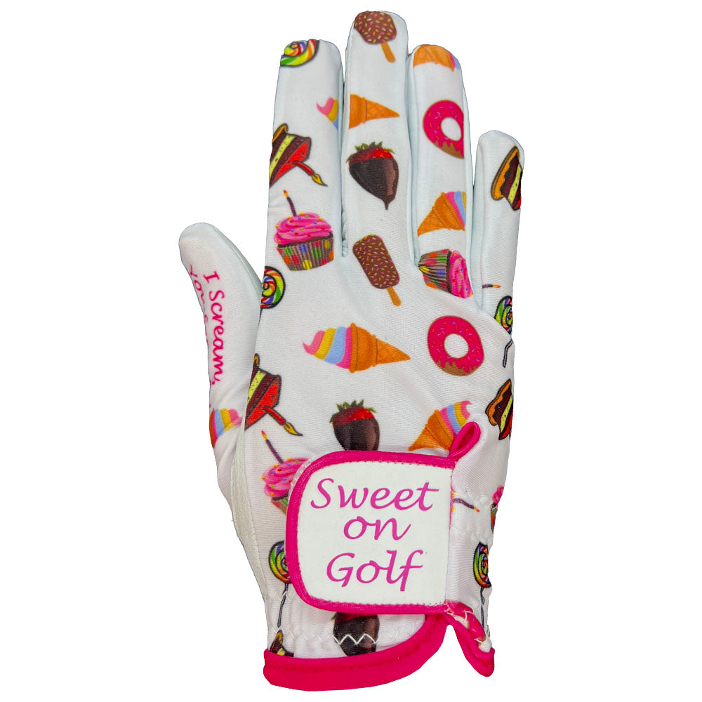 Women's golf glove with candy-themed design and 'Sweet on Golf' text on a white background. Worn on right hand.