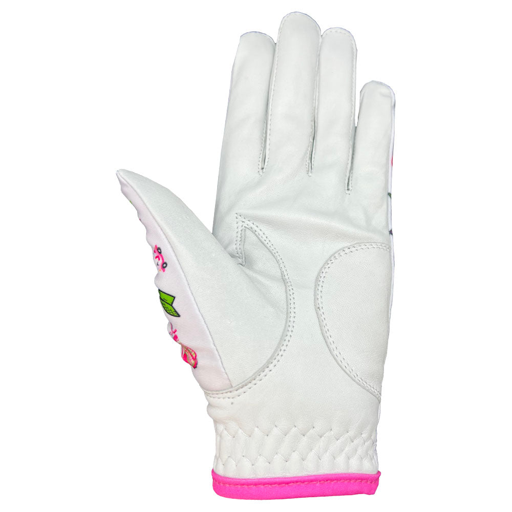 White Cabretta leather palm view of the Swing Happy women's golf glove showing flexible fit and stitching detail.