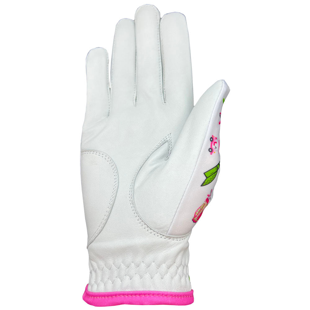 White Cabretta leather palm view of the Swing Happy women's golf glove showing flexible fit and stitching detail.