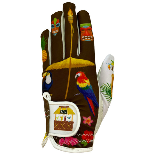 Women's tiki golf glove with tropical design on white background. Worn on left hand.