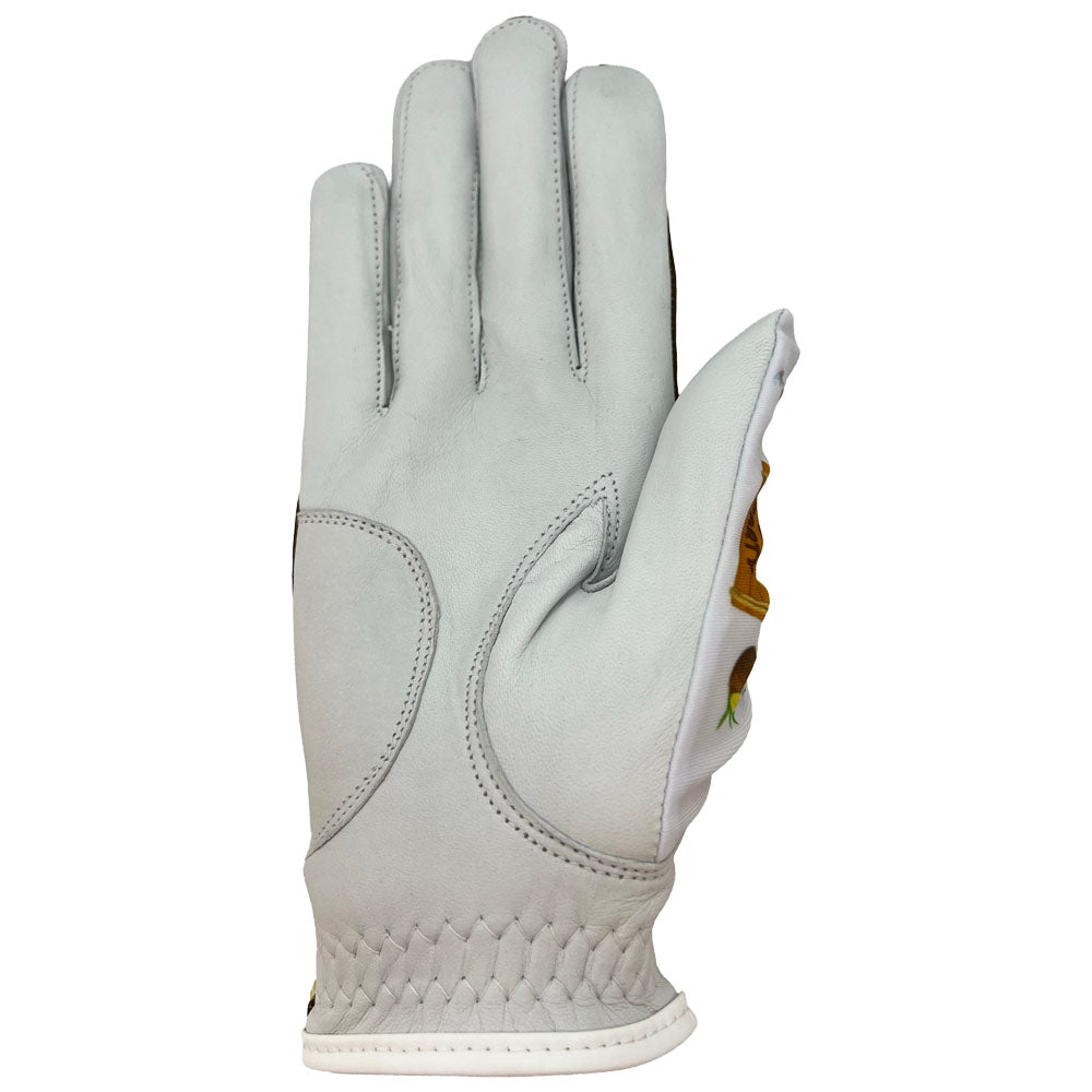 Women's brown tiki golf glove with white palm, on white background.