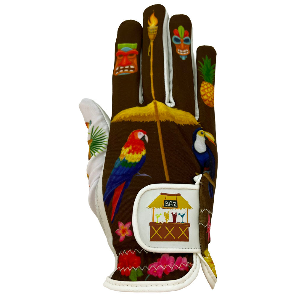 Women's tiki golf glove with tropical design on white background. Worn on right hand.