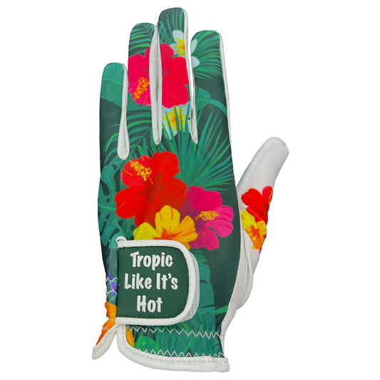 Glove with tropical floral design and 'Tropic Like It's Hot' text on the strap, on a white background. Worn on left hand.