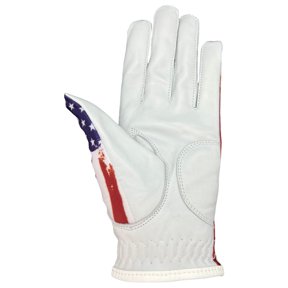 USA women's golf glove with white palm, worn on left hand
