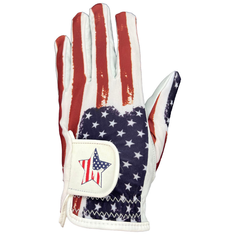Women's golf glove with American flag pattern on a white background. Worn on left hand.