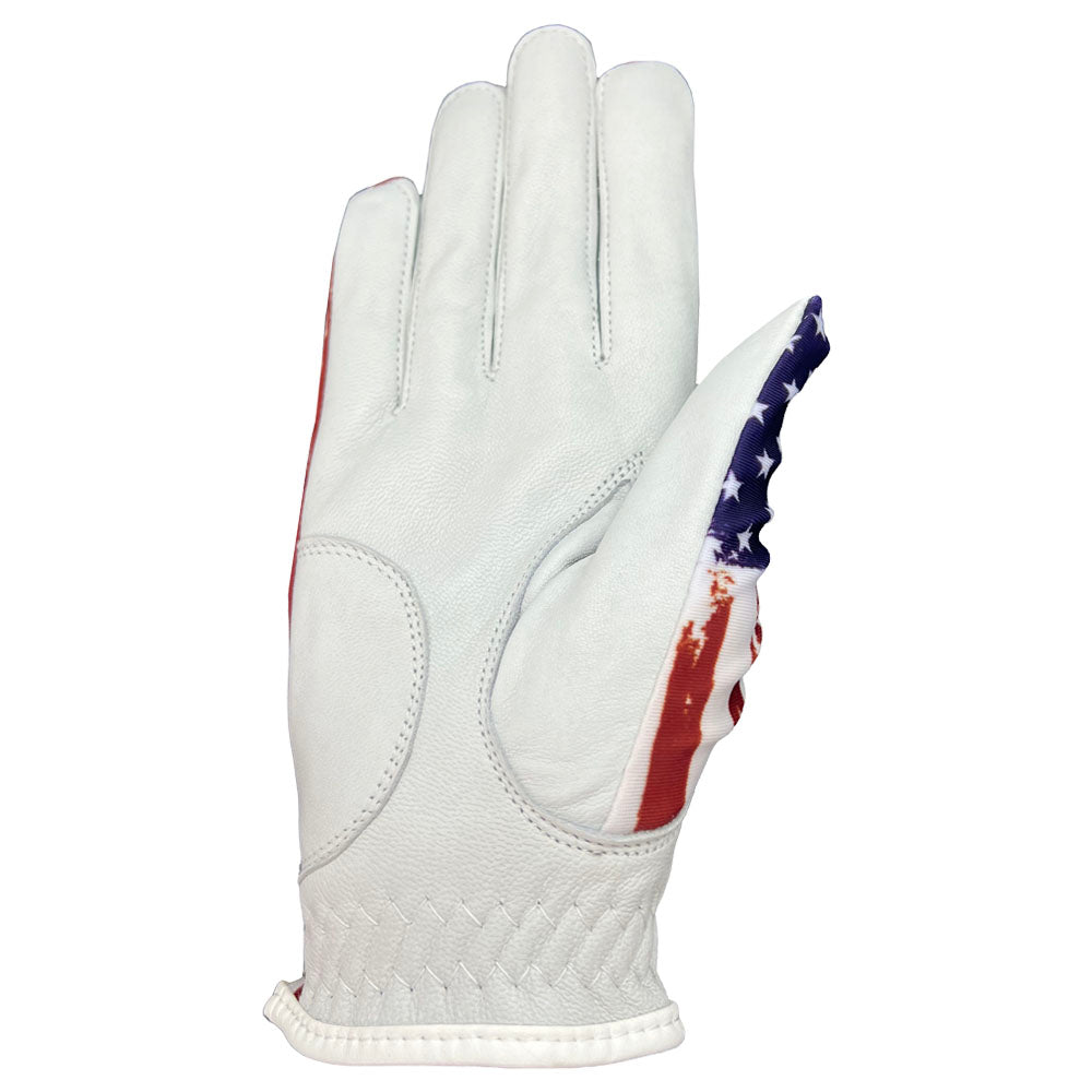 American flag women's golf glove with white palm, worn on right hand
