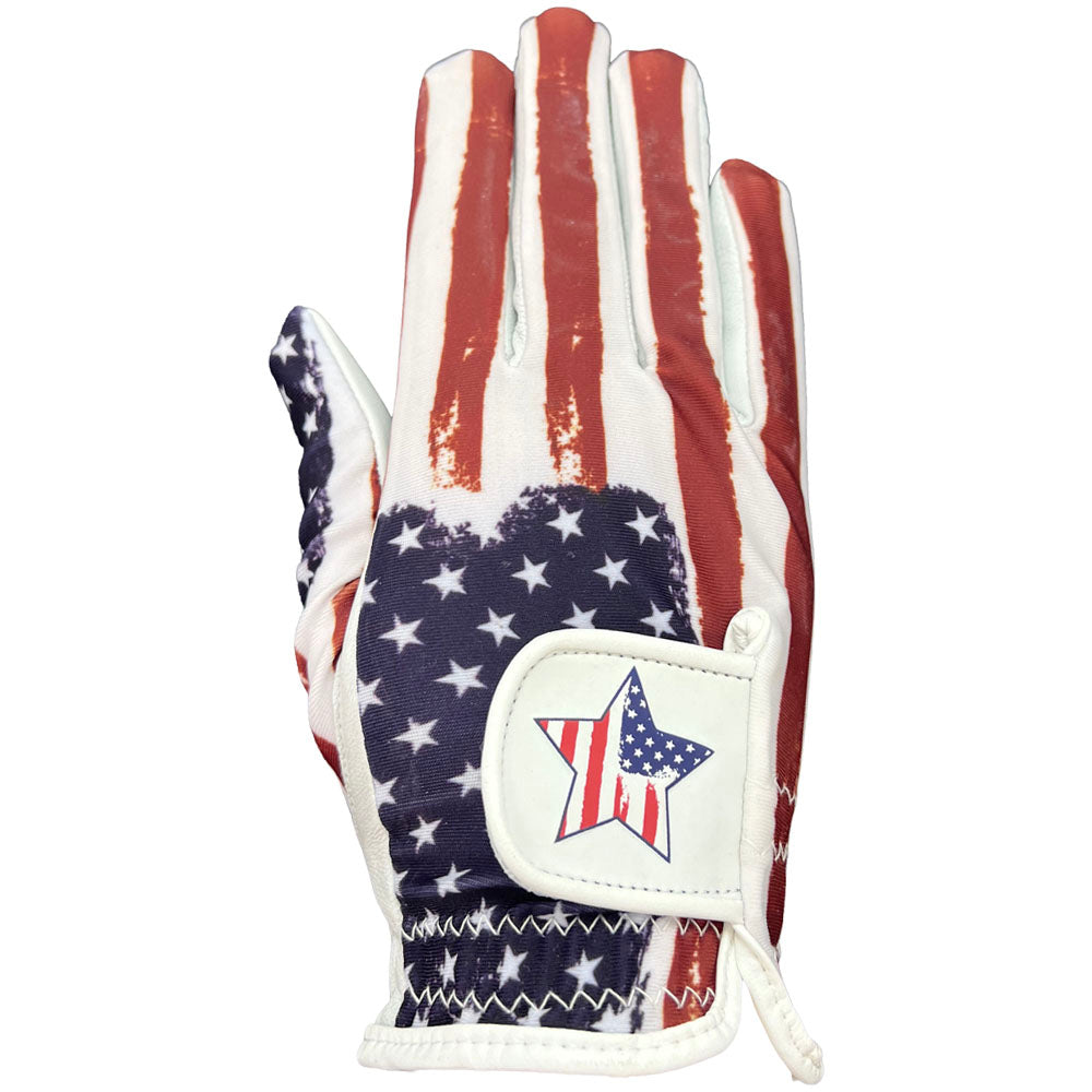 Women's golf glove with USA flag pattern on a white background. Worn on right hand.