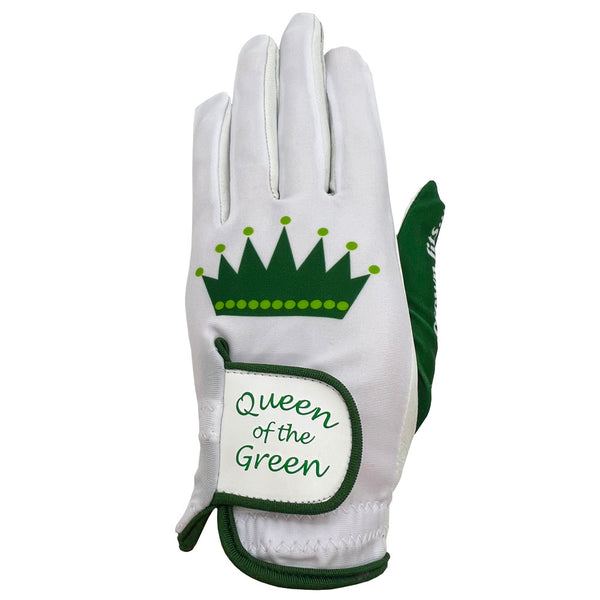 Giggle Golf Queen Of The Green Women's White Golf Glove, front, worn on left hand