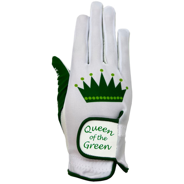 Giggle Golf Queen Of The Green Women's White Golf Glove, front, worn on right hand