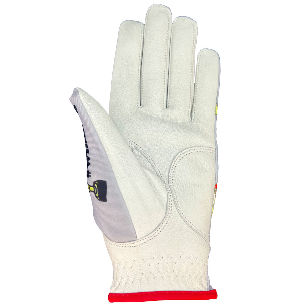 White golf glove with red trim on a white background. Worn on left hand.