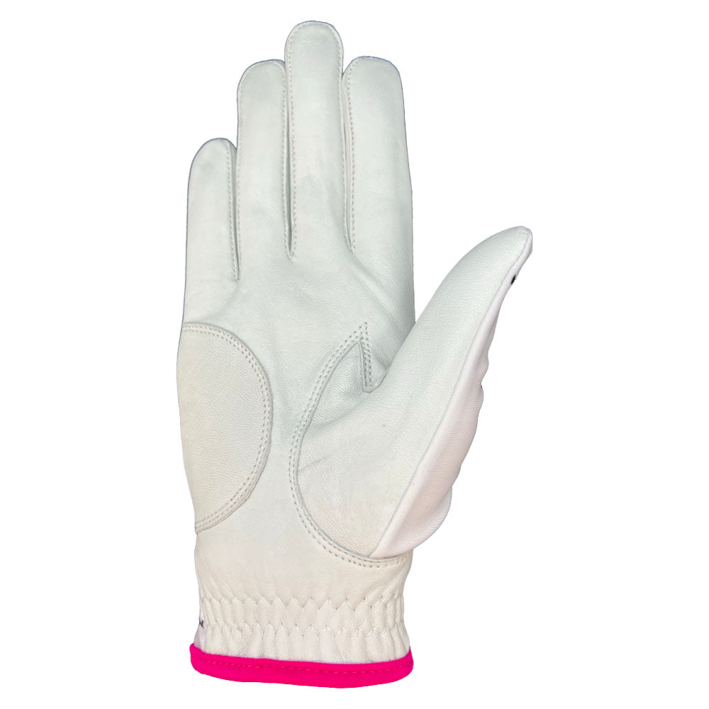 White golf glove with pink accents on a white background. Palm, worn on right hand.